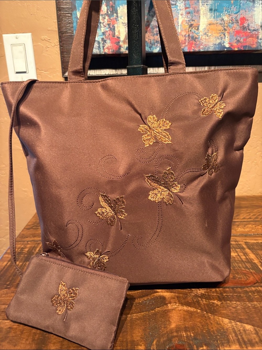Brown Nylon Tote with Copper Sparkling Embroidered Leaves & Matching Zip Pouch